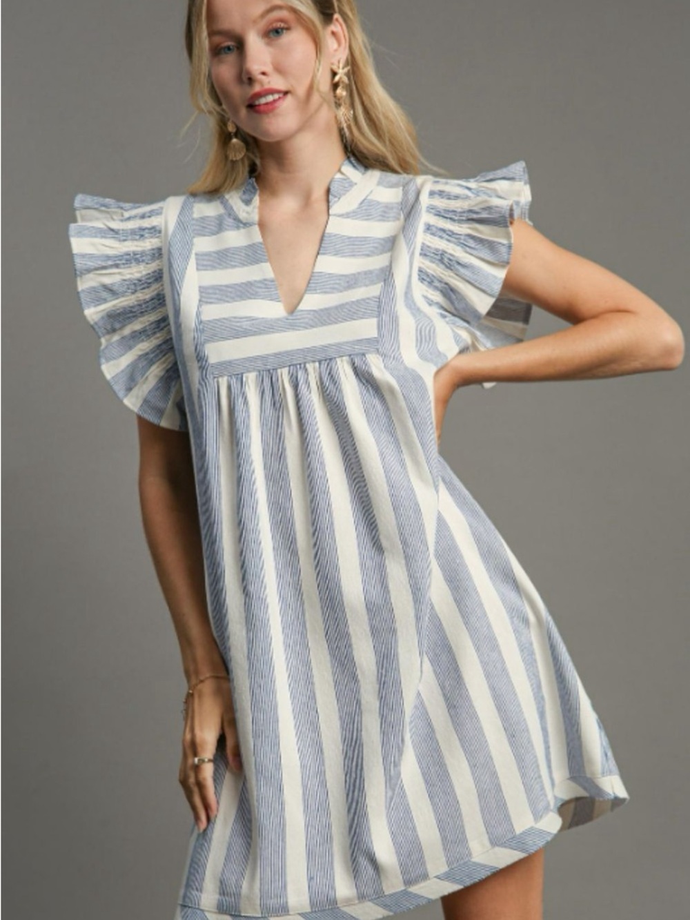 Umgee Striped Notched Ruffled Cap Sleeve Mini Dress